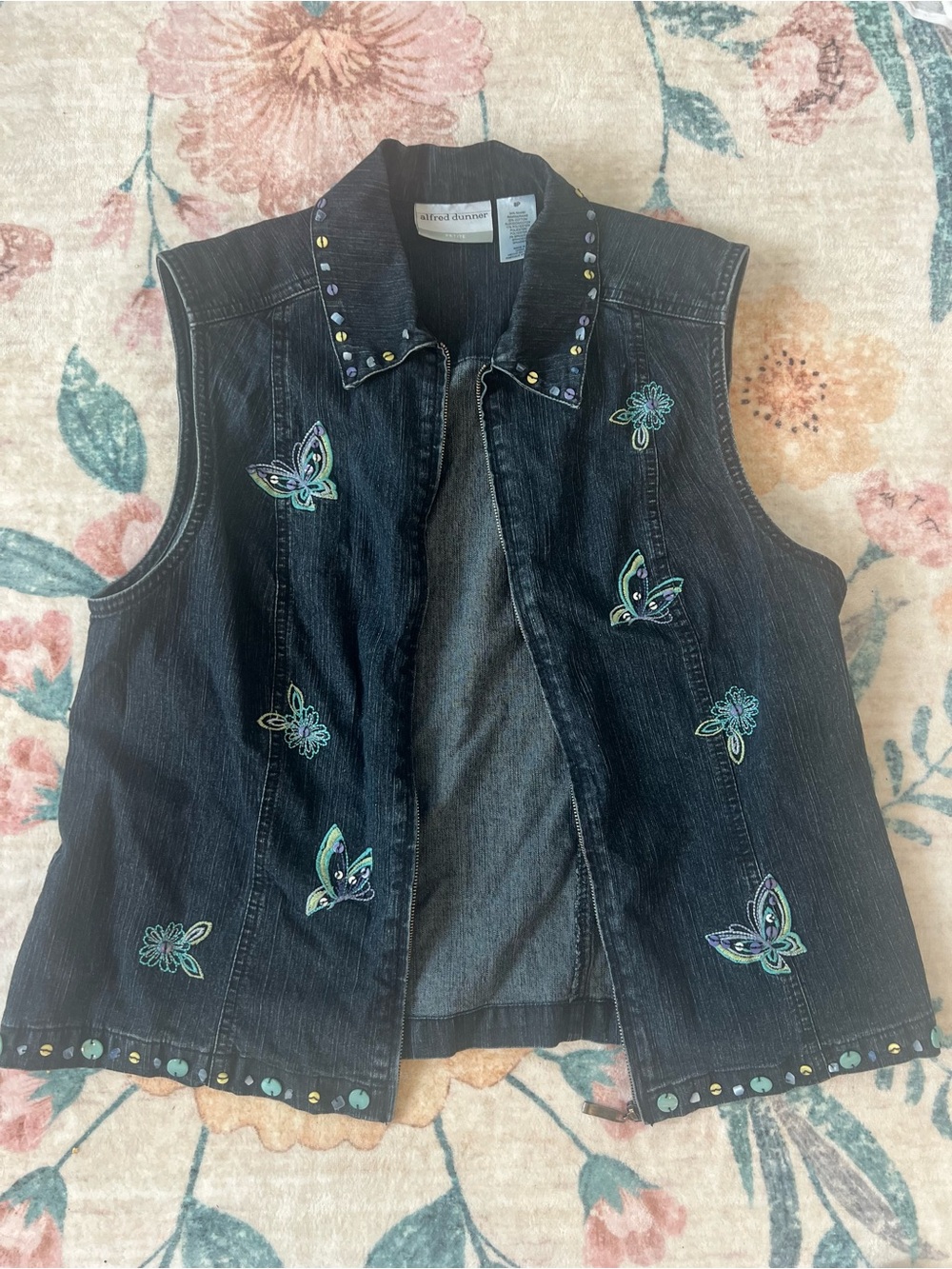 Alfred Dunner Petite Charcoal Embroidered Butterfly Vest